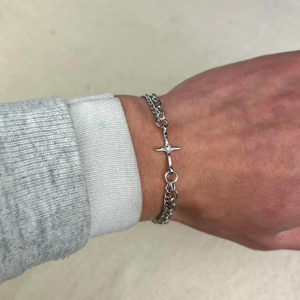 Vintage style stainless steel silver cross chain bracelet cyber grunge punk